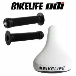 Pack Selle BIKELIFE Grippie Blanche + Poignées ODI Longneck Std Noir - Confort et Style pour VTT