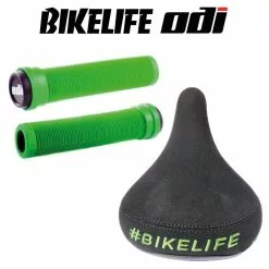 Selle BIKELIFE Noir Logo Vert avec Poignées ODI Longneck Vert - Confort et Style pour VTT